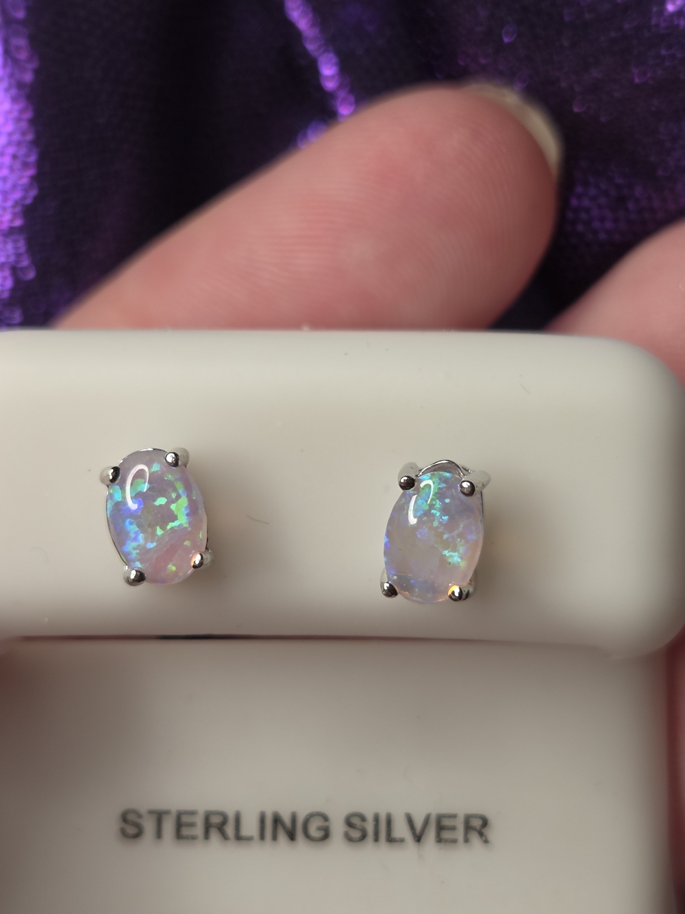 Sterling Silver Opal Oval Stud Earrings - White Opal
